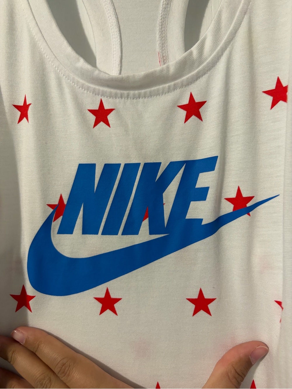 Nike White Tank with Bold Blue Logo and Red Star Print